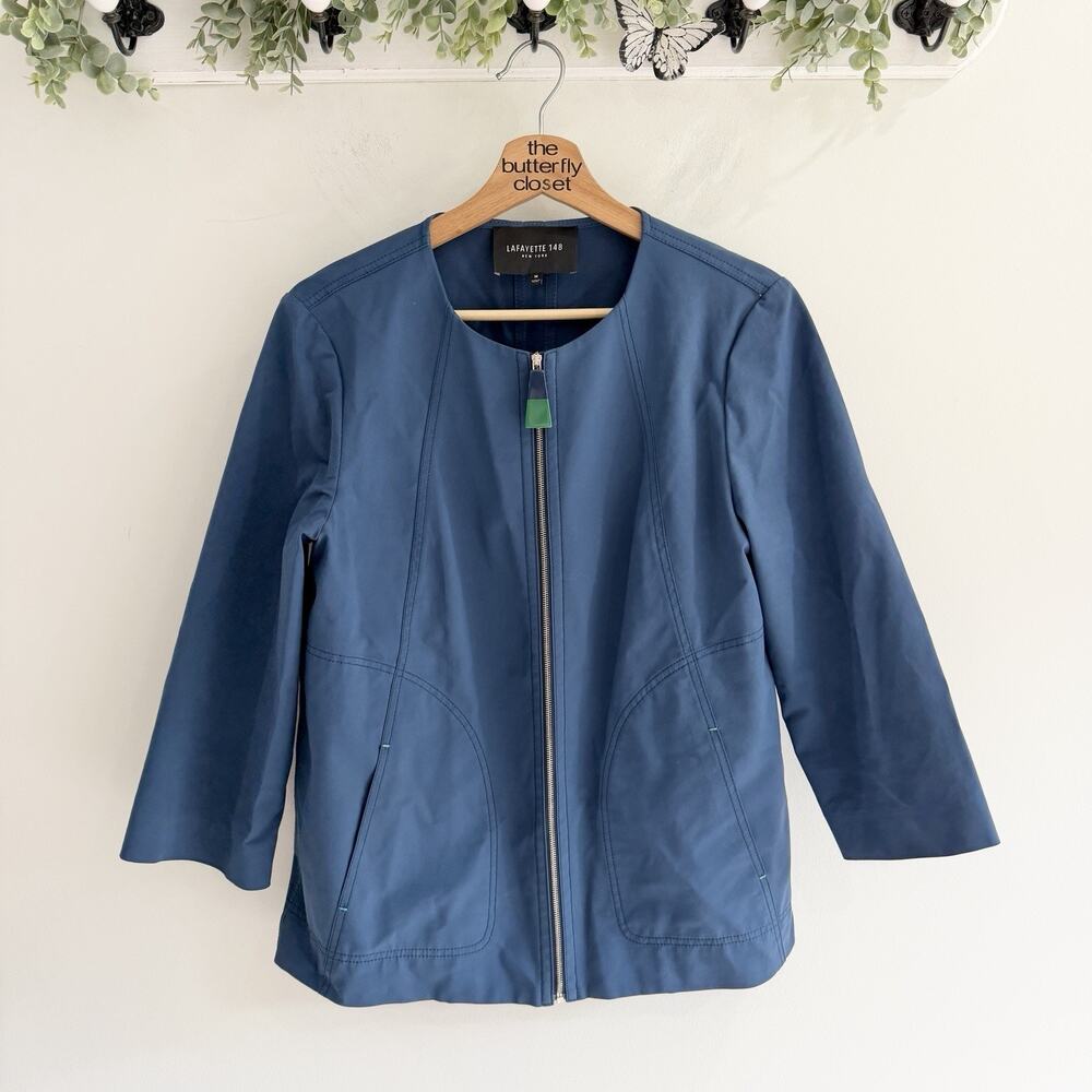 Lafayette 148 Navy Full Zip Jacket Medium 3/4 Sleeve designer luxury T5811